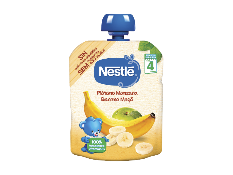 Puré de fruta Nestlé banana-maçã, sem açúcares adicionados, sem glúten, para bebés a partir dos 4 meses.