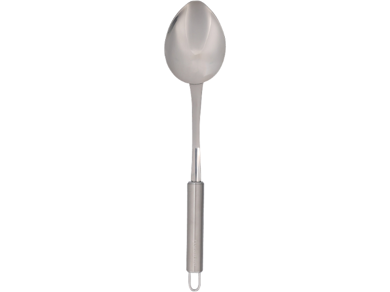 Concha de cozinha de metal com cabo cilíndrico e argola para pendurar.