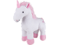 Unicórnio de pelúcia branco com crina, cauda, chifre e cascos cor-de-rosa, com corações bordados.
