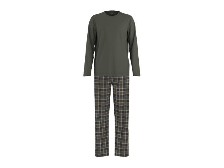 Pijama masculino com camisola de manga comprida verde-oliva e calças xadrez.