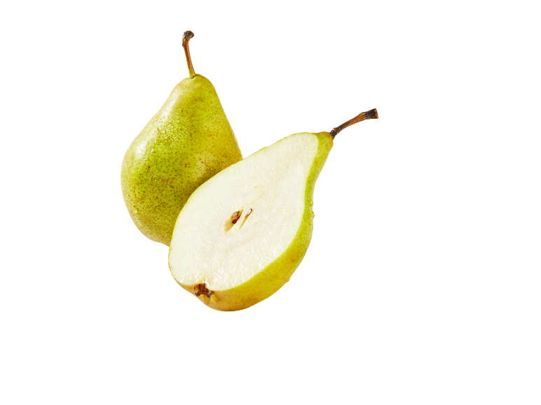 Duas peras verdes frescas, uma inteira e outra cortada ao meio, com sementes visíveis.