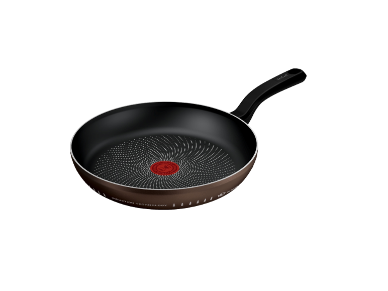Frigideira antiaderente castanha com cabo preto e indicador de calor vermelho no centro.