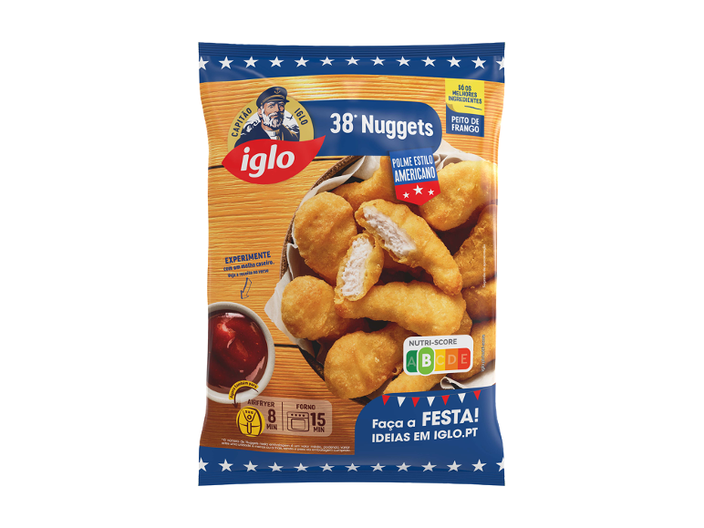 Embalagem de nuggets de frango estilo americano com informações de preparação e nutricionais.
