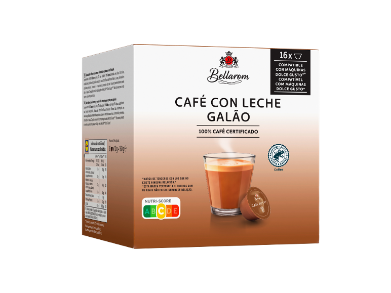 Caixa de cápsulas de café com leite compatíveis com Dolce Gusto, com Nutri-Score.
