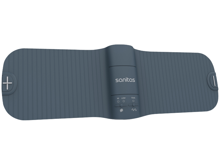 Massageador de pés azul com controles para configurações de calor, baixo e TENS.