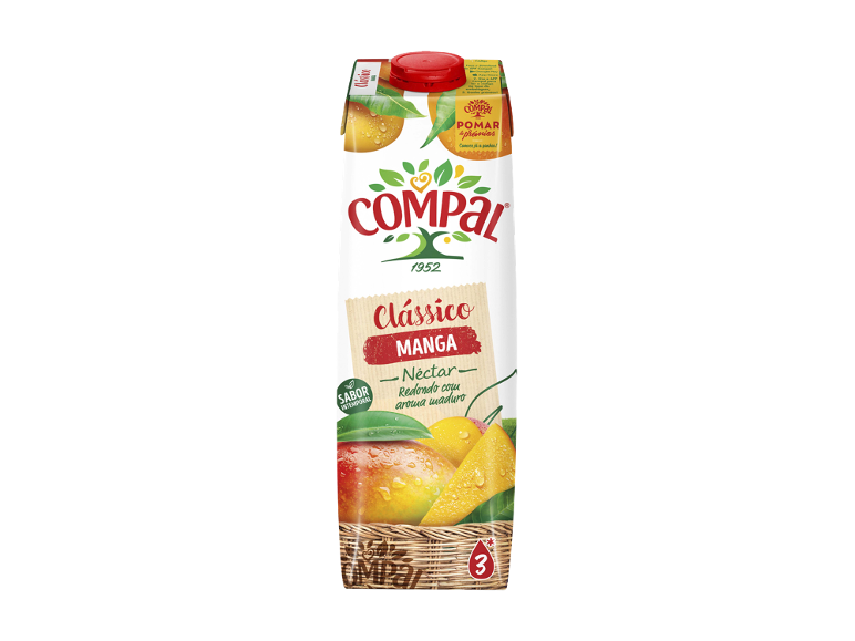 Carton de sumo de manga com a inscrição 'Clássico Manga Néctar' e frutas de manga.