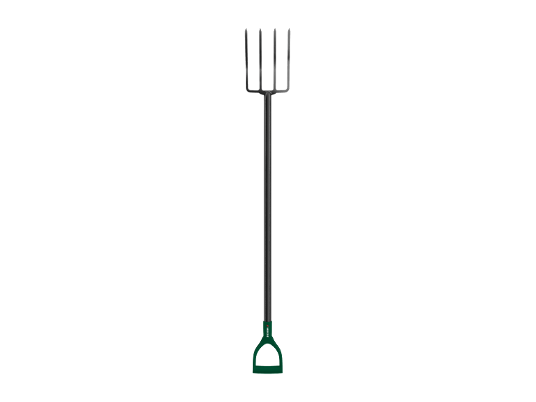 Forquilha de jardim com cabo preto e punho verde em forma de D.