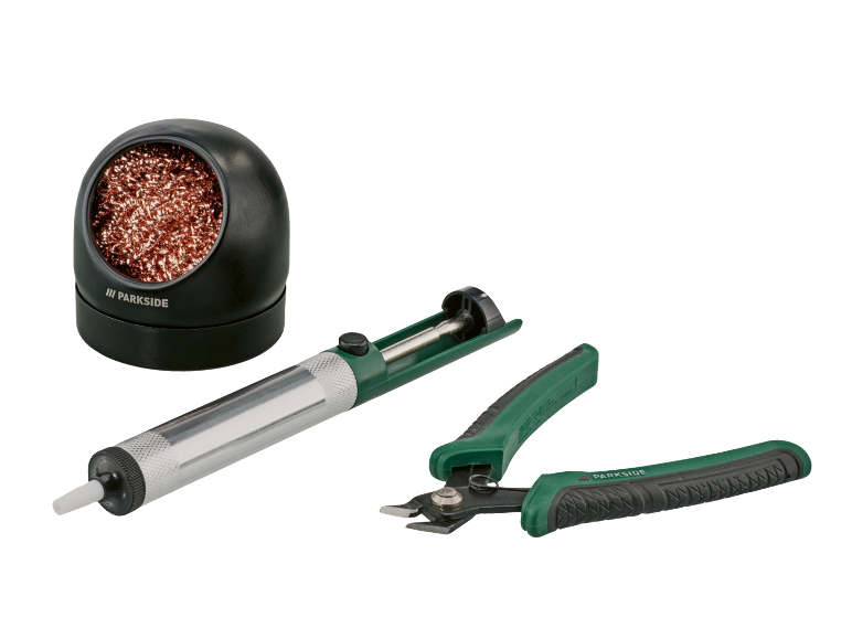 Conjunto de ferramentas de solda com limpador de pontas, dessoldador e alicate de corte.