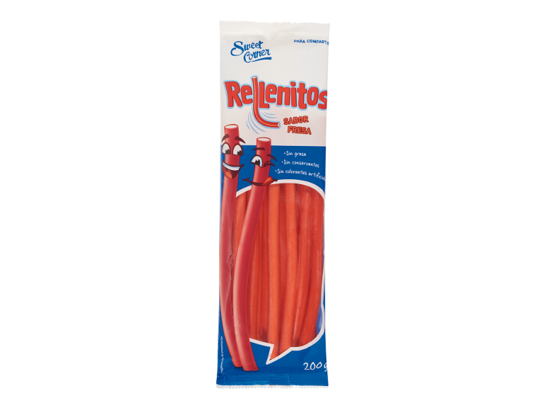 Pacote de doces vermelhos com sabor a morango, sem gordura, conservantes ou corantes artificiais.