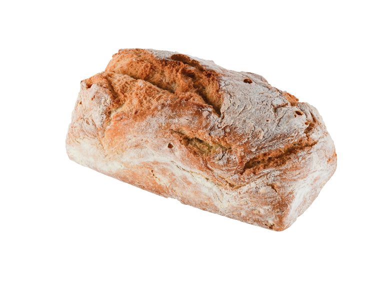 Pão enfarinhado com crosta crocante e tom dourado.