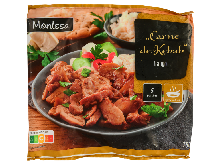 Embalagem de kebab de frango com Nutri-Score, 5 porções, pronto em 6-8 minutos.