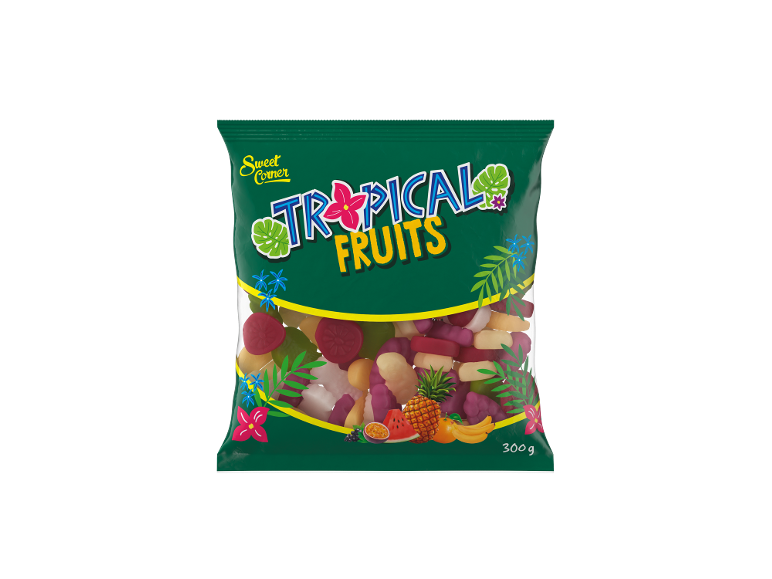 Saco verde de gomas de frutas tropicais com o texto 'Tropical Fruits'.