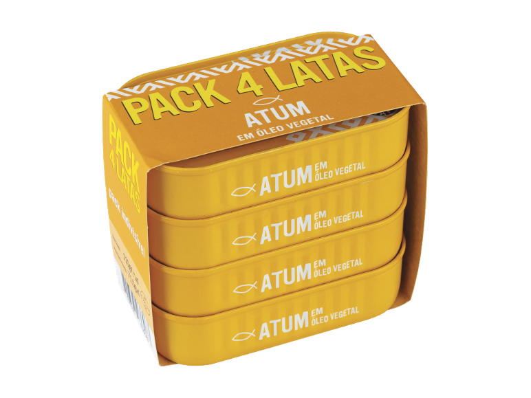 Embalagem de quatro latas de atum em óleo vegetal, com embalagem amarela.