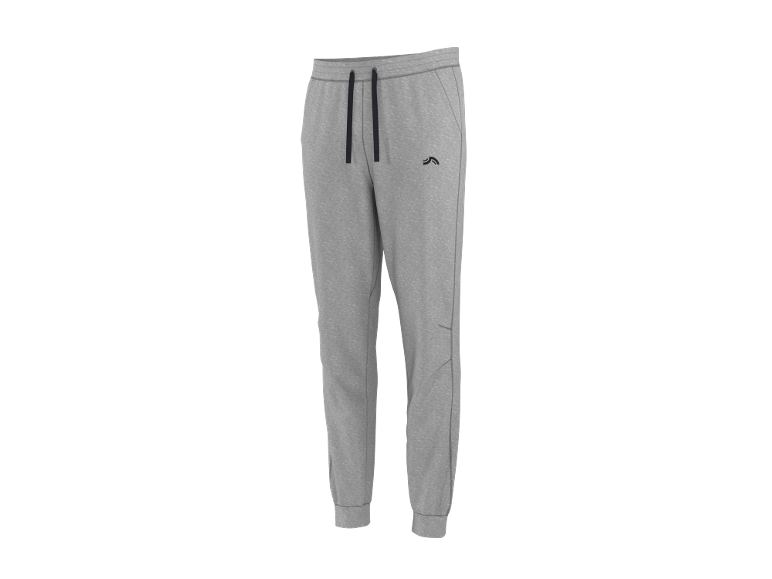 Calças de fato de treino cinzentas masculinas com cordão preto e um pequeno logótipo.