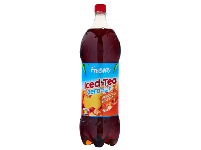 Freeway Iced Tea Zero pêssego, uma garrafa com tampa vermelha e rótulo azul.