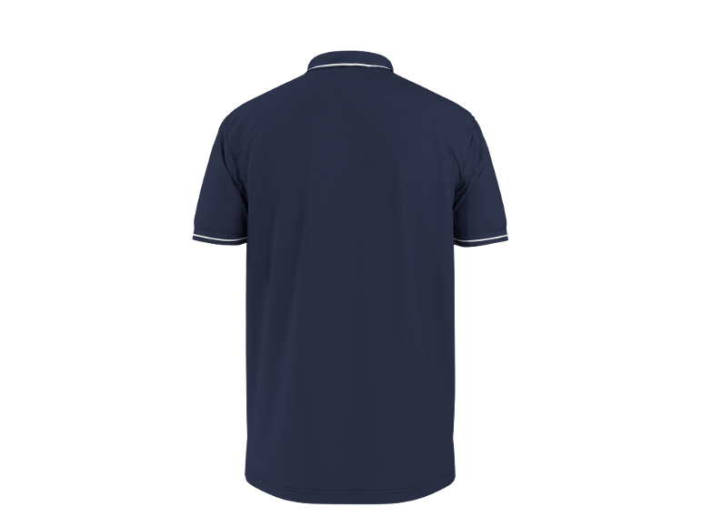 Polo azul marinho com detalhes brancos, vista traseira.