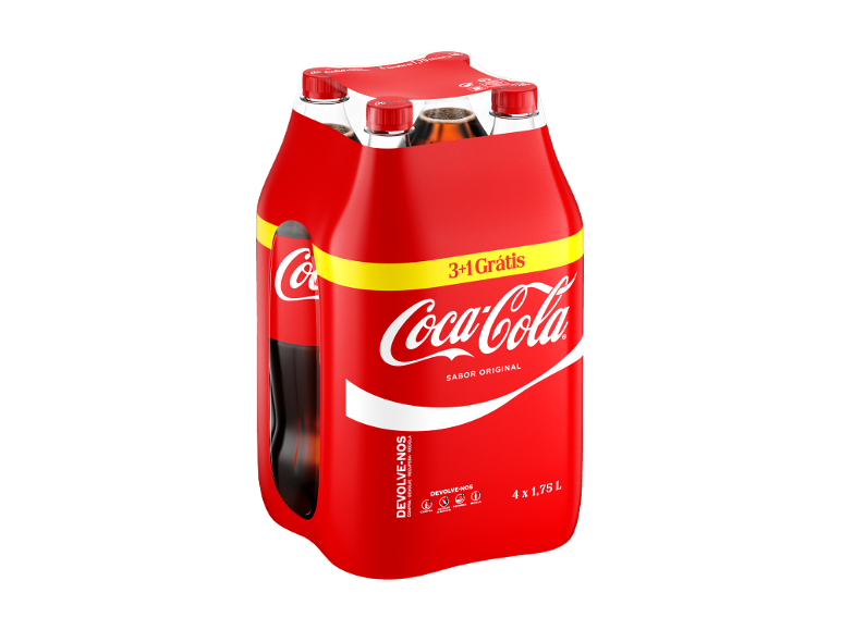 Pack de quatro garrafas de cola de 1,75 l em promoção de 3+1 grátis.