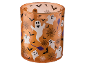 Suporte de vela laranja com motivos de Halloween: fantasmas, aranhas, morcegos e vassouras.