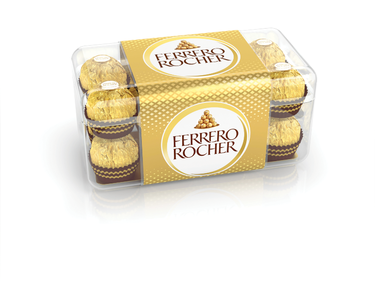 Caixa transparente com seis chocolates embrulhados em ouro, com uma etiqueta dourada ao centro.