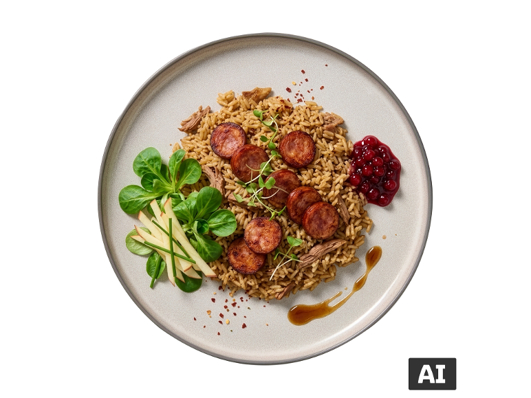 Arroz com rodelas de linguiça, carne desfiada, doce de oxicoco e salada com maçã. [imagem gerada por IA]