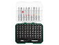 Um conjunto de pontas de chave de fenda e brocas numa caixa transparente e verde.