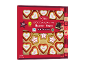 Caixa de chocolates de maçapão em forma de corações e estrelas, com o texto “Hearts Stars”.