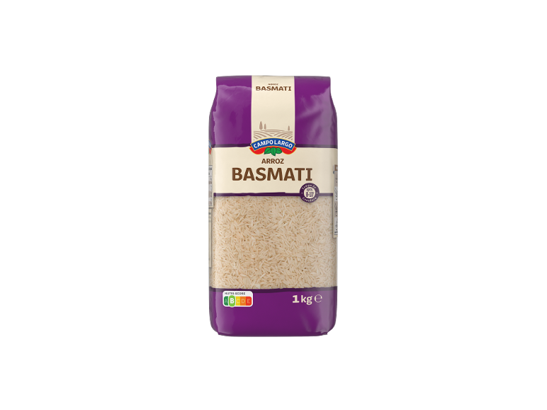 Embalagem de arroz basmati Campo Largo de 1kg com Nutri-Score A.