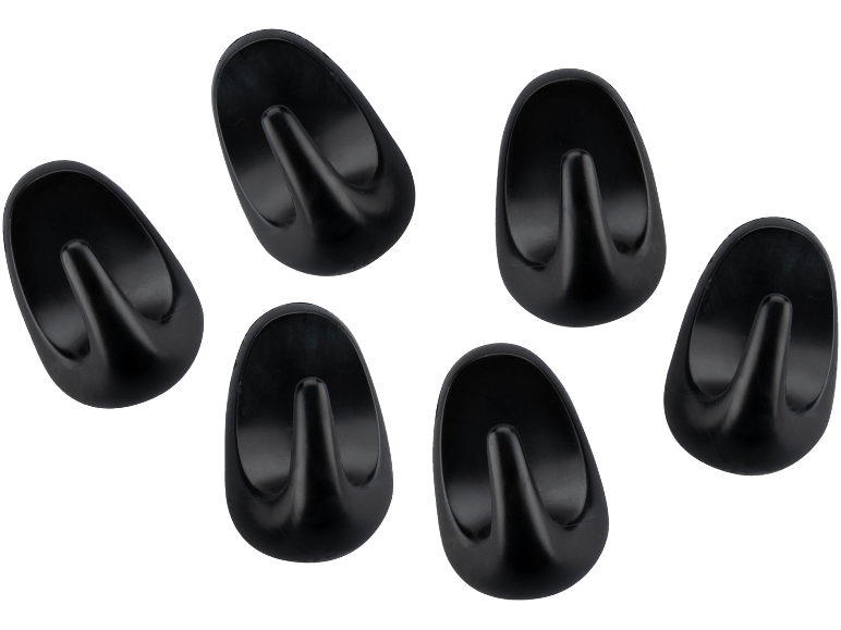 Seis ganchos de plástico preto em forma oval com uma protuberância central.