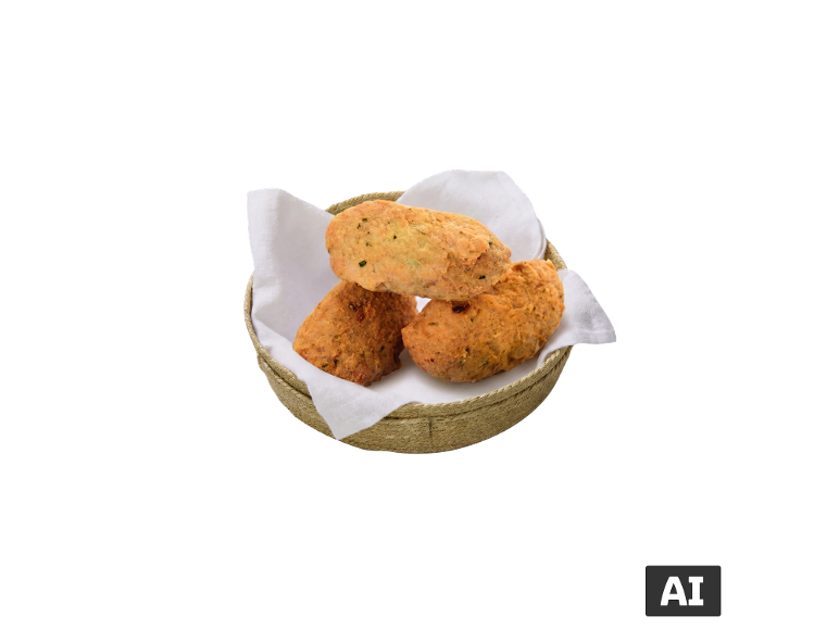Três croquetes fritos numa cesta de vime forrada com um guardanapo branco.