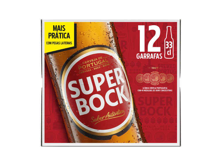 Embalagem com 12 garrafas de cerveja, 33 cl cada, com o texto 'MAIS PRÁTICA COM PEGAS LATERAIS'.