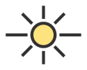 Símbolo de sol com raios em fundo preto.