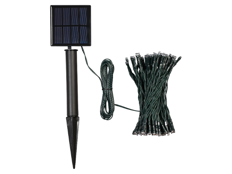 Fio de luzes LED solar com estaca de solo e cabo verde escuro.