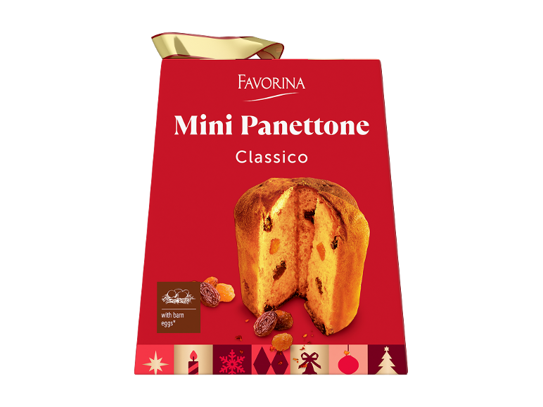 Mini Panettone Classico em embalagem vermelha com fita dourada, guarnecido com fruta seca.