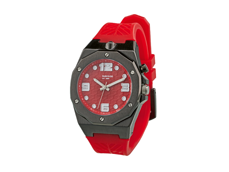Relógio masculino vermelho e preto com bracelete de silicone e mostrador estampado.