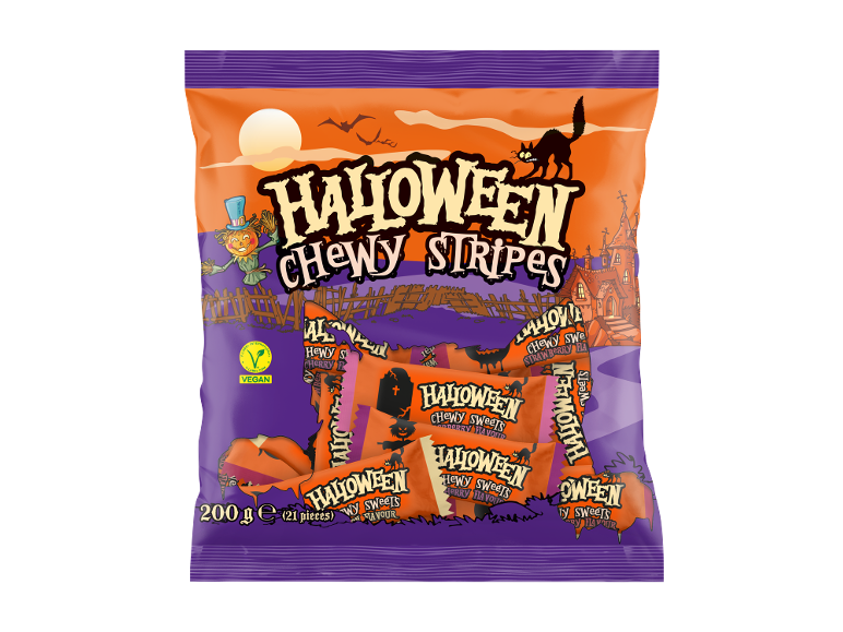 Doces mastigáveis de Halloween num saco com embalagens individuais, com designs assustadores.