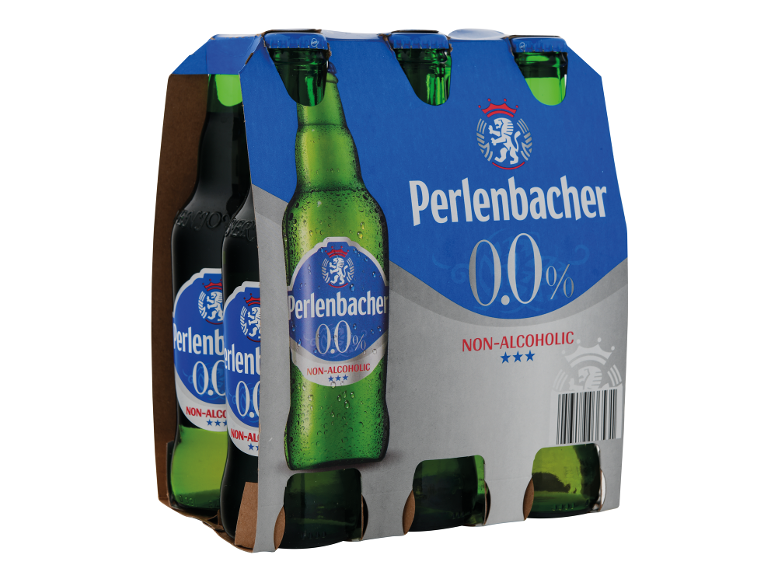 Pack de seis bebidas não alcoólicas em garrafas de vidro com rótulos azuis.