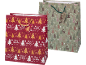 Duas sacolas de presente de Natal com padrões de árvores e renas, e o texto 'Merry Christmas'.