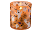 Suporte de vela laranja com motivos de Halloween: fantasmas, aranhas, morcegos e vassouras.