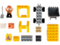 Conjunto de brinquedos de construção com figura de trabalhador, ferramentas e peças de veículos.