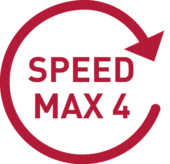 Etiqueta com o texto “SPEED MAX 4” e uma seta circular.