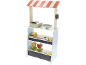 Banca de mercado de brinquedo de madeira com caixa registadora, balança e produtos.