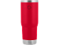 Copo térmico vermelho com detalhes metálicos e um logótipo triangular