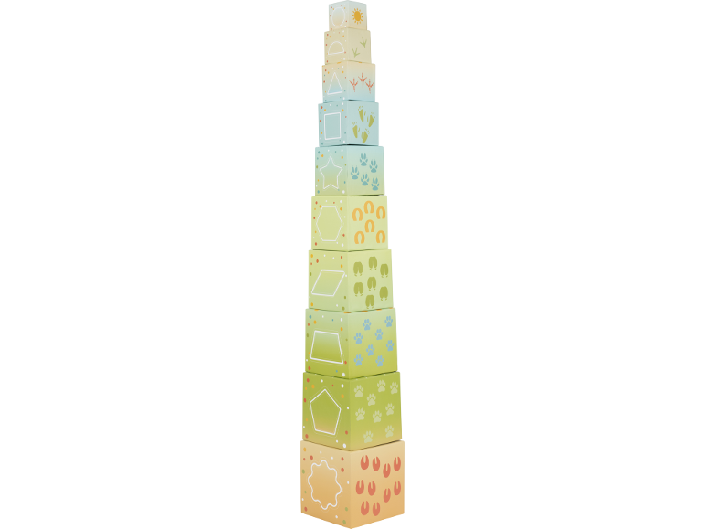 Torre de cubos de empilhar com formas geométricas e pegadas de animais, em tons pastel.