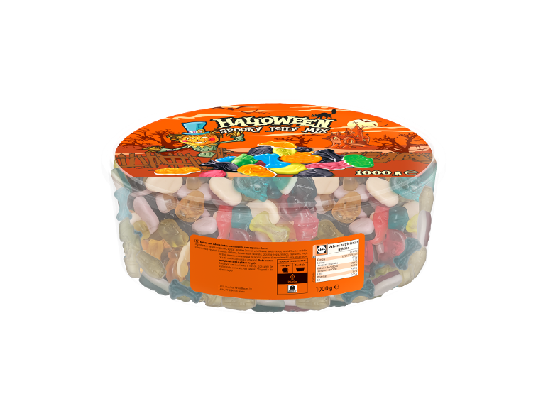 Recipiente transparente de gomas de Halloween em várias formas e cores, com rótulo.