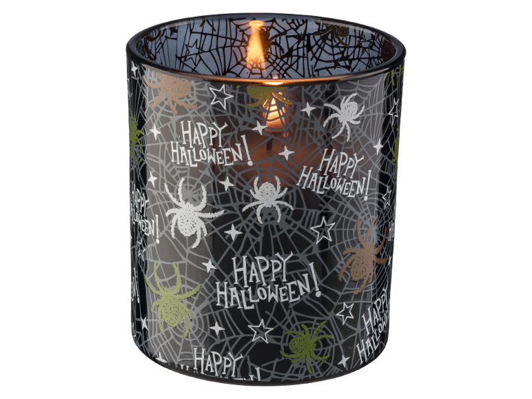Vela de Halloween com teias de aranha, aranhas e o texto 'Happy Halloween!'