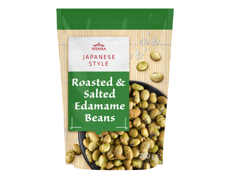 Pacote de feijão edamame torrado e salgado estilo japonês, 200 g.