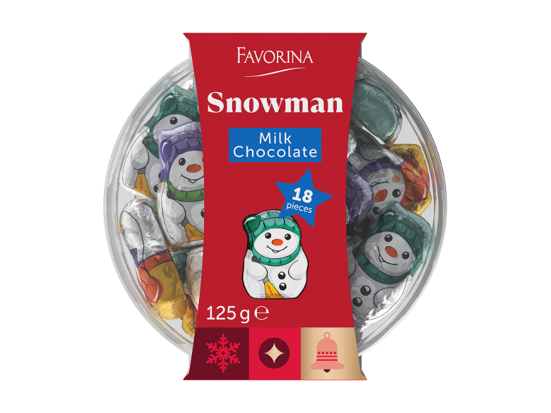 Bonecos de neve de chocolate de leite em embalagem transparente, 18 unidades, 125g.