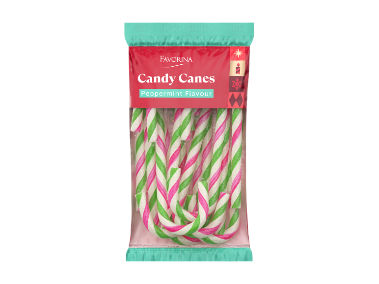 Embalagem de bengalas de doces de menta em riscas verdes, rosa e brancas.