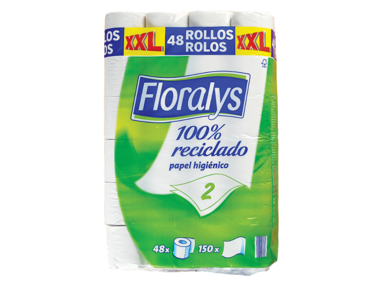 Floralys 48 rolos de papel higiénico XXL reciclado, 150 folhas por rolo.