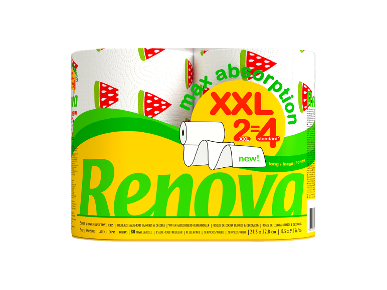 Dois rolos de papel de cozinha com estampa de melancia, tamanho XXL para máxima absorção.